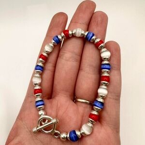 925 Sterling toggle bracelet with red, white and blue beads, 7.5" long